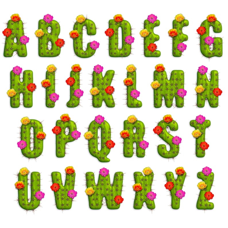 May include: Cactus alphabet letters A through Z with pink, yellow, and red flowers. The letters are green and have spines.