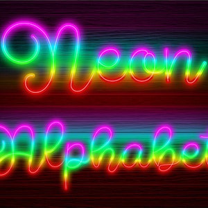 Neon Glow-Effekt Alphabet PNG Clip Art Buchstaben Drehbuch Schriftart Sofortiger Download Dateien Multicolor, Neon Multicolor 1N