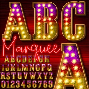 May include: A vintage-style marquee alphabet with light bulbs, featuring the letters A, B, C, and the word "Marquee" in red neon. The full alphabet and numbers are shown below.