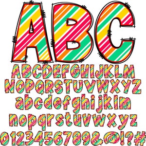 May include: A colorful alphabet with red, yellow, and green stripes. The letters are in uppercase and lowercase, and there are also numbers and symbols.