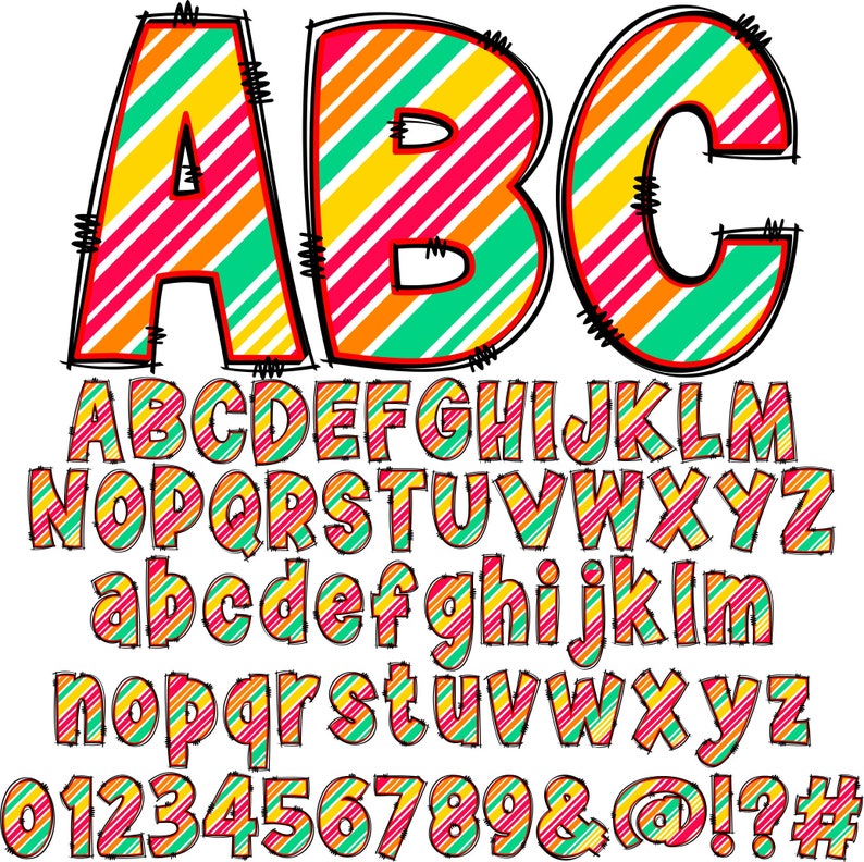May include: A colorful alphabet with red, yellow, and green stripes. The letters are in uppercase and lowercase, and there are also numbers and symbols.