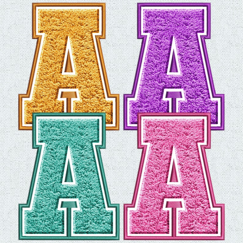 May include: Four felt letter patches in different colours: gold, purple, teal and pink. Each patch is a capital letter A with a white outline.