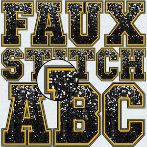 Faux Embroidery Black Gold Sequin Letters, Faux Sequin Patch, Blue Faux Sequin, Alpha, College, Stitched Alpha PNG, Faux Stitch, 12FS