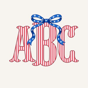 May include: A decorative design featuring the letters "ABC" in red and white striped patterns, reminiscent of the American flag. A blue ribbon adorned with white stars is tied above the letters, adding a patriotic touch. The design is set against a cream background.