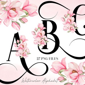 Acuarela Flores Alfabeto PNG, Alfabeto Floral Rosa Suave Clip Art, PNG Transparente, Letras Mayúsculas Negras, Hojas Alfabeto Botánico 35W