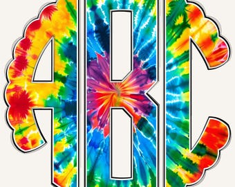 May include: A colorful tie-dye monogram featuring the letters "ABC" in a bold, outlined font. The letters are filled with vibrant hues of red, yellow, blue, and green, creating a psychedelic effect. The design has a scalloped border.
