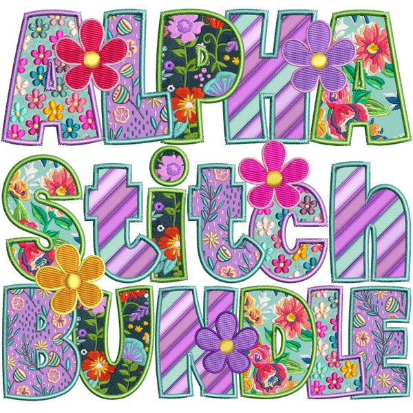 Spring Faux Embroidery PNG, Spring, Faux Stitch, Floral Letters, Flowers, Sublimation, Spring Applique, Bundle, Spring Faux Embroidery 21ED