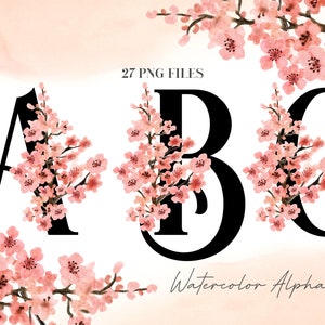 Alfabeto de flores de acuarela PNG, Alfabeto floral rosa suave negro, PNG transparente, Letras mayúsculas florales, Flor de cerezo Sakura 22WB