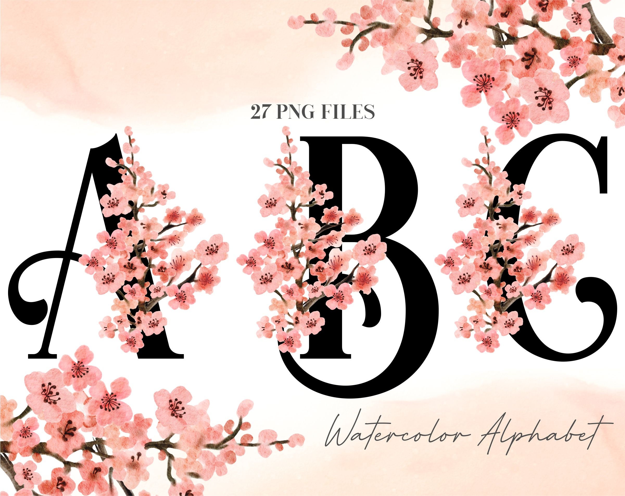 洋書 FLEURS et ALPHABETS FLEURIS Watercolor Flowers Alphabet PNG, Black Soft Pink Floral