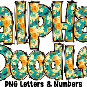 Floral Letters & Numbers PNG, Alpha Doodle, PNG Letters, Floral Doodle, Doodle Letters PNG, Spring Letters, Sublimation, Alpha Pack 12AP