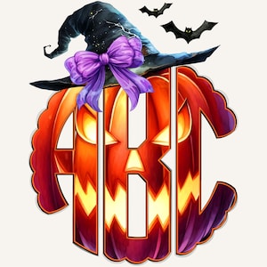 May include: A Halloween-themed design featuring the letters "ABC" carved into a jack-o'-lantern. The pumpkin is orange and purple, topped with a witch's hat, a purple bow, and two black bats.
