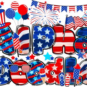 BUNDLE Patriotic Alphabet PNG, 4th of July, Independence Day, Chubby Alpha Doodle, American Doodle, Sublimation, Alpha Pack 8AB