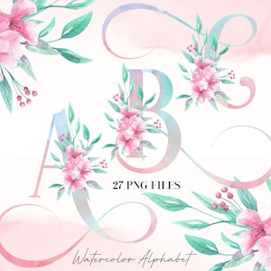 Watercolor Flowers Alphabet PNG, Aqua Pink Floral Alphabet Clip Art, Watercolor Letters, Floral Uppercase Letters, Botanical Alphabet 11WB
