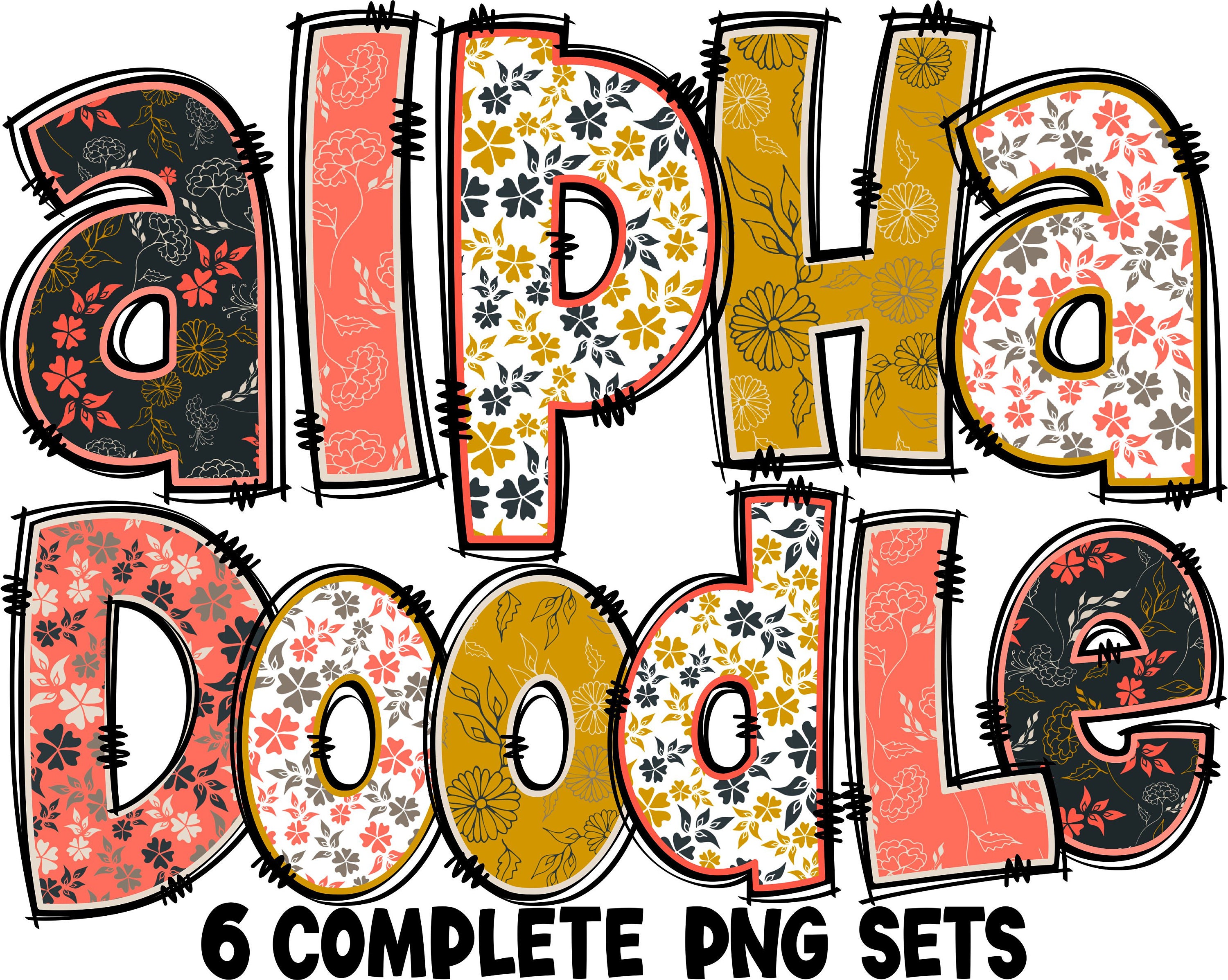 BUNDLE Spring Floral Alphabet PNG, Doodle Alpha, Doodle Flowers, Doodle ...