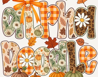 May include: A fall-themed graphic with the words "Alpha Doodle" in a decorative font. The letters are filled with patterns like plaid, floral, and leopard print. Pumpkins and fall leaves surround the text, with an orange bow at the top.