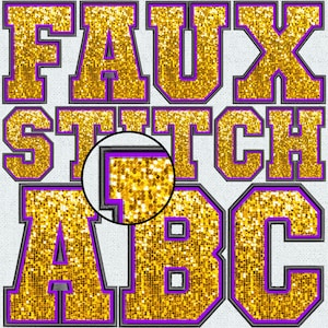 Faux Embroidery Gold Purple Sequin Letters, Faux Sequin Patch, Blue Faux Sequin, Alpha Doodle, College, Stitched Alpha PNG, Faux Stitch, 7FS