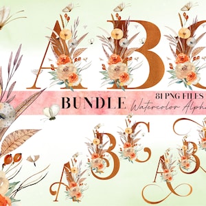 Alfabeto de flores de acuarela PNG, Alfabeto floral de otoño, PNG transparente, Letras mayúsculas florales, Alfabeto otoñal de cobre 5WB