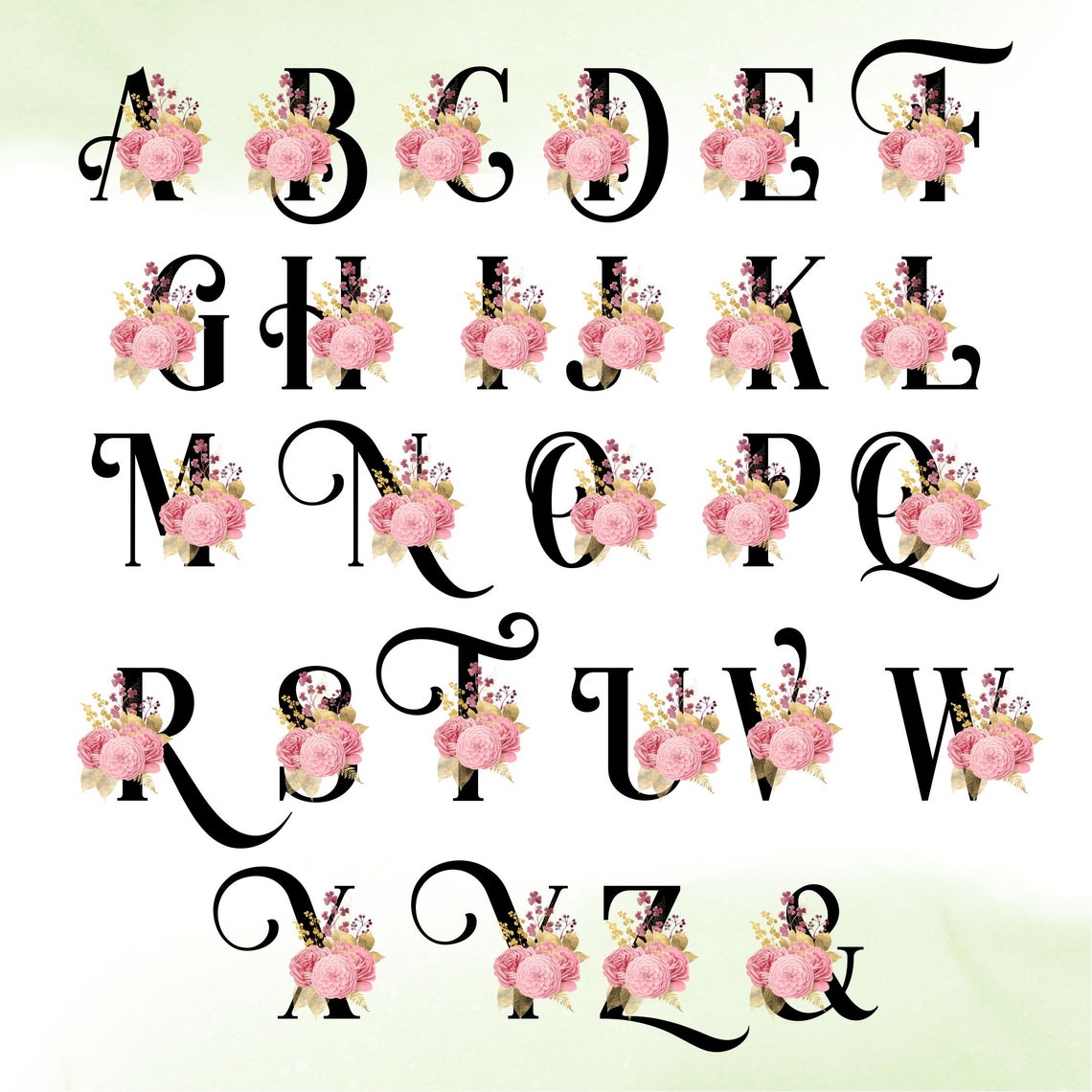 Bundle Watercolor Flowers Alphabet PNG Black Letters Alphabet | Etsy