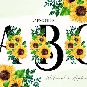Acuarela flores alfabeto PNG, negro amarillo Floral Clip Art, PNG transparente, letras mayúsculas de girasol, girasoles amarillos 19WB