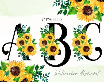 May include: Watercolor alphabet letters A, B, and C decorated with sunflowers and green leaves. 27 PNG files. Watercolor Alphabet.