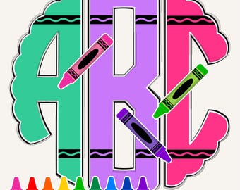 May include: A colorful monogram design featuring the letters ABC in teal, purple, and pink, outlined in white. Each letter has a crayon design, with additional crayons in a rainbow of colors at the bottom. The design has a playful, school-themed aesthetic.