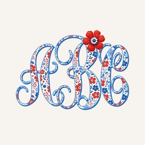 Puede incluir: Un diseño de monograma floral con las letras "ABK" en una escritura decorativa. Las letras están delineadas en azul y rellenas con un patrón de flores y hojas rojas y azules. Una flor roja con un centro blanco adorna la parte superior derecha.