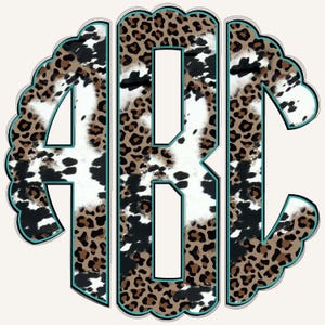 May include: A monogram design featuring the letters ABC in a decorative, scalloped frame. The letters are filled with a mix of cowhide and leopard print patterns, outlined in teal. The background is a solid off-white color.