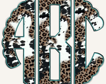 May include: A monogram design featuring the letters ABC in a decorative, scalloped frame. The letters are filled with a mix of cowhide and leopard print patterns, outlined in teal. The background is a solid off-white color.