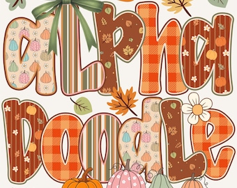 May include: A colorful fall-themed graphic with the words "Alpha Doodle" in large, decorative letters. The letters are adorned with pumpkin and leaf patterns, plaid, and stripes. Pumpkins and leaves surround the text, with a green bow at the top.