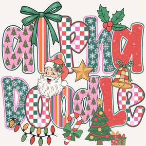 May include: A colorful Christmas-themed graphic with the words "Mama Noel" in a playful font. The design includes Santa Claus, Christmas trees, snowflakes, a candy cane, and a bell, all in festive colors.