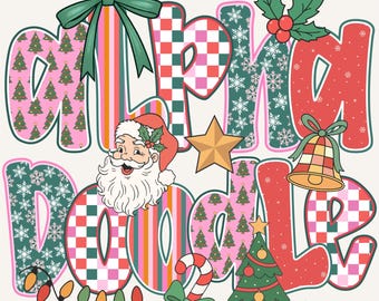 May include: A colorful Christmas-themed graphic with the words "Mama Noel" in a playful font. The design includes Santa Claus, Christmas trees, snowflakes, a candy cane, and a bell, all in festive colors.