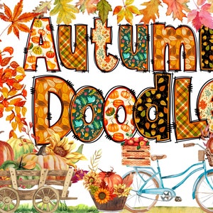 Puede incluir: Texto "Otoño Doodle" con hojas de otoño, calabazas y una bicicleta con una cesta de calabazas.