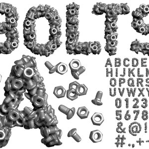 Op de afbeelding: Een lettertype-alfabet gemaakt van zilveren bouten en moeren. Het woord "BOLTS" is in grote letters bovenaan de afbeelding gespeld. De rest van het alfabet, de cijfers en leestekens worden in kleinere letters hieronder weergegeven.