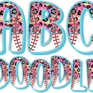Puede incluir: ABC Doodle en azul, rosa y amarillo con un patrón de puntadas de béisbol.