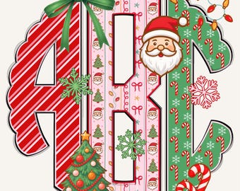Christmas Preppy Monogram, Scalloped Monogram PNG, Coquette Monogram, Classic Christmas, Xmas Preppy Monogram, Candy Cane, Santa Claus 85CS