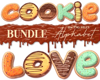 Puede incluir: Un paquete de 184 letras del alfabeto con temática de galletas, cada una con un diseño diferente de glaseado y chispas. Las letras deletrean "COOKIE" y "LOVE" con un chorrito de chocolate. Las letras están sobre un fondo de chocolate marrón.