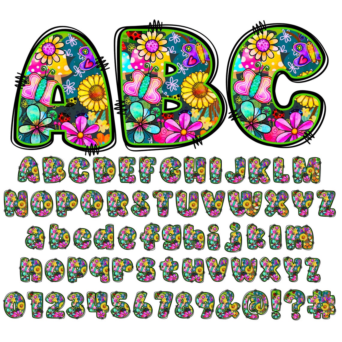 BUNDLE Spring Floral Alphabet PNG, Doodle Flowers, Chubby Alpha Doodle ...