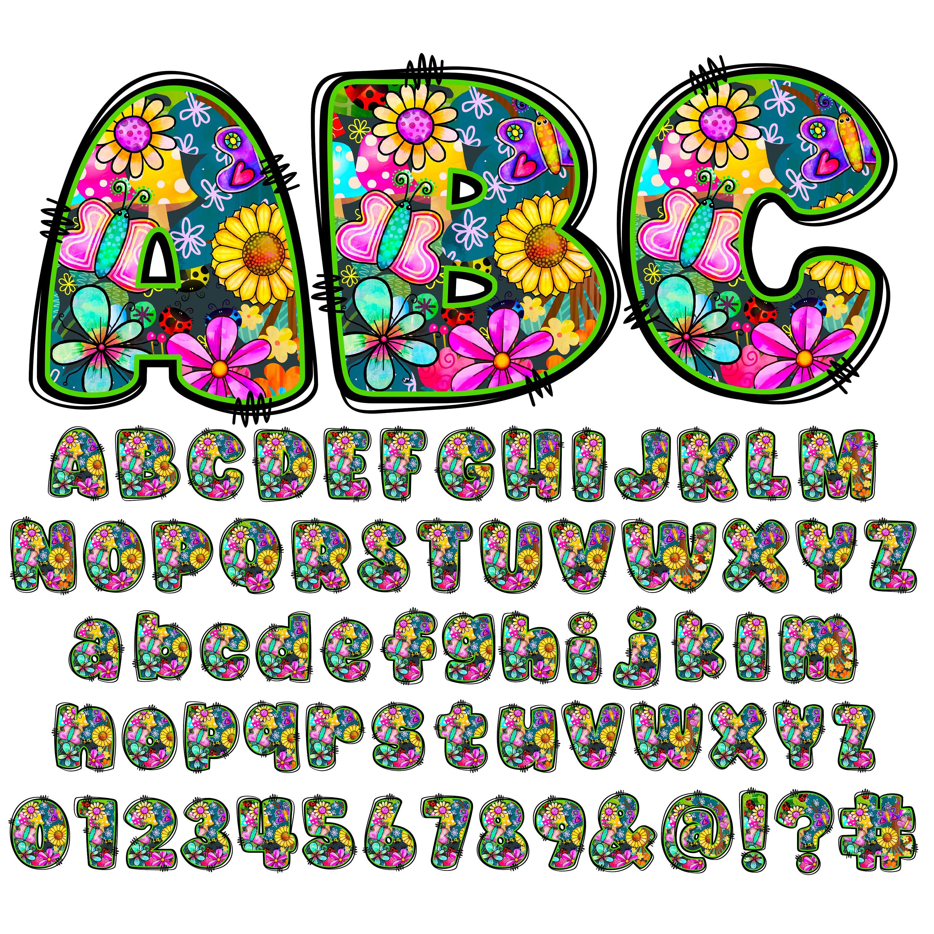 BUNDLE Spring Floral Alphabet PNG, Doodle Flowers, Chubby Alpha Doodle ...
