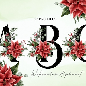 Watercolor Flowers Alphabet PNG, Black Red Pink Floral Alphabet, Transparent PNG, Uppercase Letters, Christmas Uppercase Letters 25WB