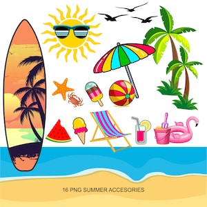 May include: A set of 16 summer-themed PNG images, including a surfboard, a beach umbrella, a beach chair, a watermelon slice, a beach ball, a palm tree, a sun with sunglasses, a starfish, a crab, an ice cream cone, a popsicle, a bucket and shovel, a flamingo float, and a glass of juice with a lemon slice. The images are all in a cartoon style and are perfect for use in digital projects.