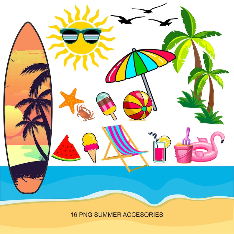 May include: A set of 16 summer-themed PNG images, including a surfboard, a beach umbrella, a beach chair, a watermelon slice, a beach ball, a palm tree, a sun with sunglasses, a starfish, a crab, an ice cream cone, a popsicle, a bucket and shovel, a flamingo float, and a glass of juice with a lemon slice. The images are all in a cartoon style and are perfect for use in digital projects.