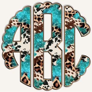 May include: A decorative monogram featuring the letters ABC in a circular design. The letters are filled with a turquoise glitter background and a cowhide pattern in brown, black, and white. The letters are outlined in gold.