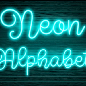Neon Glow-Effekt Alphabet PNG Clip Art Buchstaben Drehbuch Schriftart Sofortiger Download Dateien Cyan Hellblau, Neon Cyan 1N