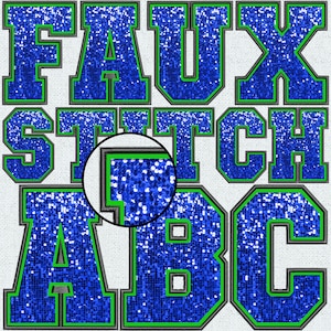 Letras de lentejuelas azules y verdes con bordado falso, parche de lentejuelas falsas, lentejuelas falsas azules, garabato alfa, universidad, PNG alfa cosido, puntada falsa, 8FS