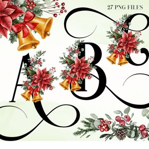 Alfabeto PNG de flores em aquarela de Natal, alfabeto floral vermelho preto, PNG transparente, buquê, sinos de ouro, letras de Natal, alfabeto 38W