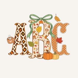 May include: The letters A, B, and C in a decorative font. The letter A has a leopard print pattern and a mug of cocoa. The letter B is cream-coloured with autumn icons, a green bow, and pumpkins. The letter C is orange with white polka dots.