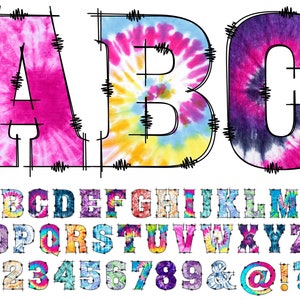 Tie Dye Alphabet PNG, Doodle Alphabet Clip Art, Transparent PNG, Doodle Letters Rainbow Tie Dye, Tie Dye Sublimation, Multicolor Letters 13D