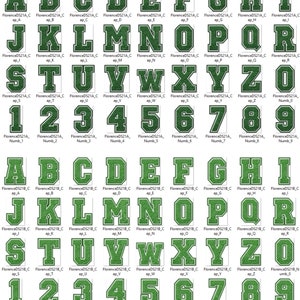 May include: A set of green felt letters and numbers with a white outline. The letters are uppercase and the numbers are in a standard font. The letters and numbers are arranged in rows and columns.
