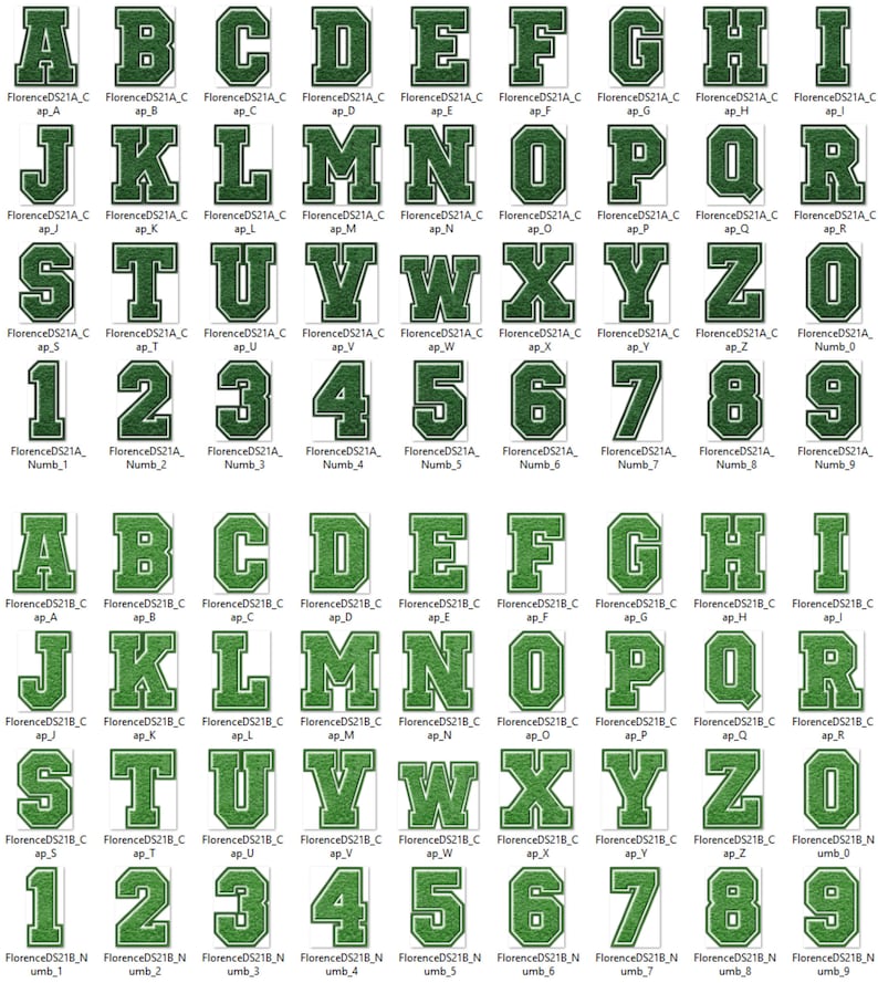 May include: A set of green felt letters and numbers with a white outline. The letters are uppercase and the numbers are in a standard font. The letters and numbers are arranged in rows and columns.