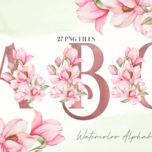 Alfabeto de flores de acuarela PNG, alfabeto floral rosa dorado, letras de flores, letras mayúsculas florales, alfabeto botánico rosa suave 14WB